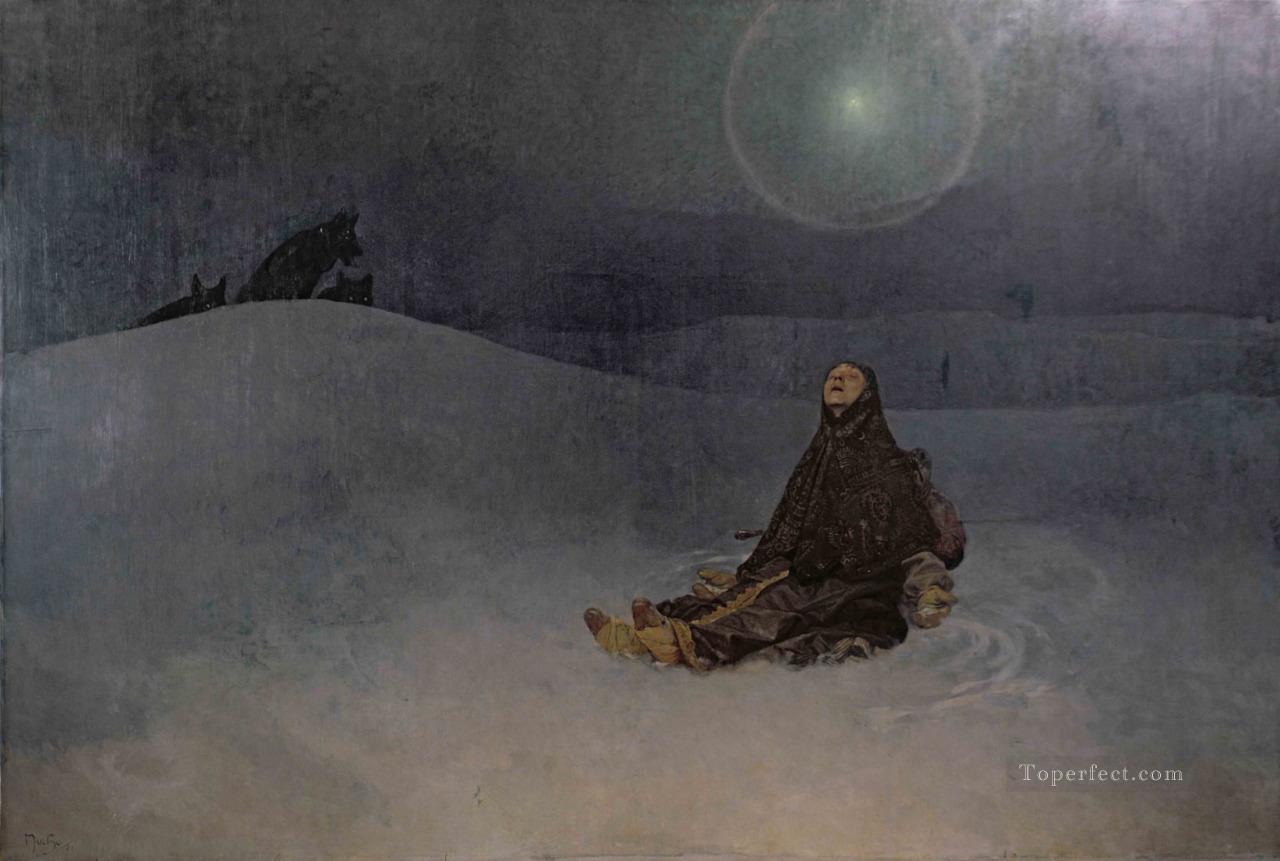 Star 1923 Winter Night Woman in Wildness wolf Oil Paintings